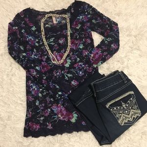 Free People Lace Floral Print Top